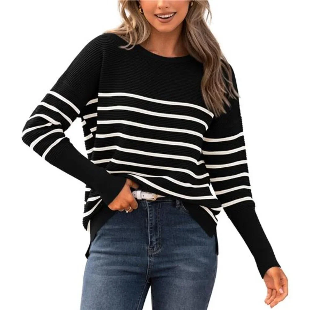 Women's Casual Fall Sweater Long Sleeve Ribbed Knit Pullover Loose Crewneck